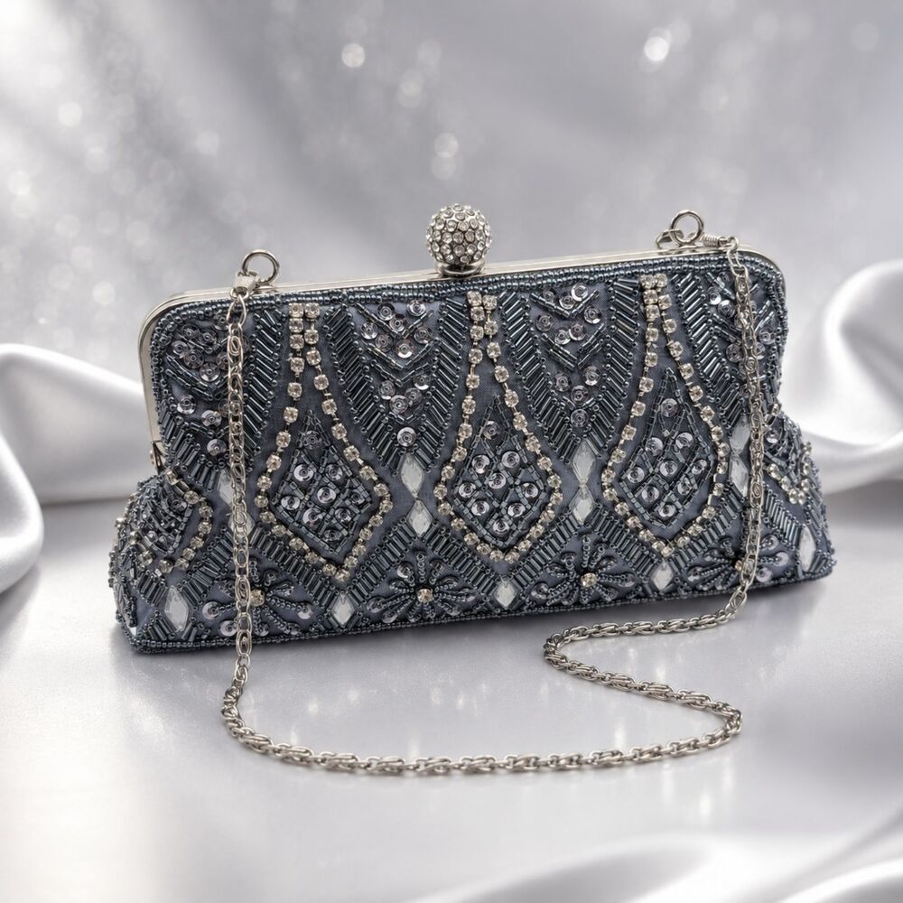 Blue Y2K Beaded Rhinestone Clutch, Art Deco Formal Evening Bag Wedding Guest